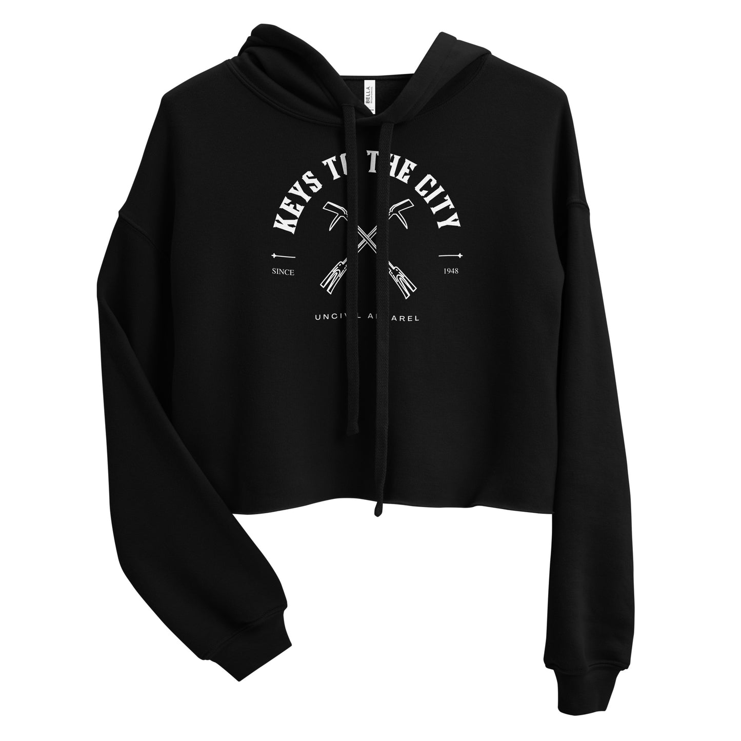 Keys to the City Halligan Firefighter Women's Crop Hoodie, Black sweater.