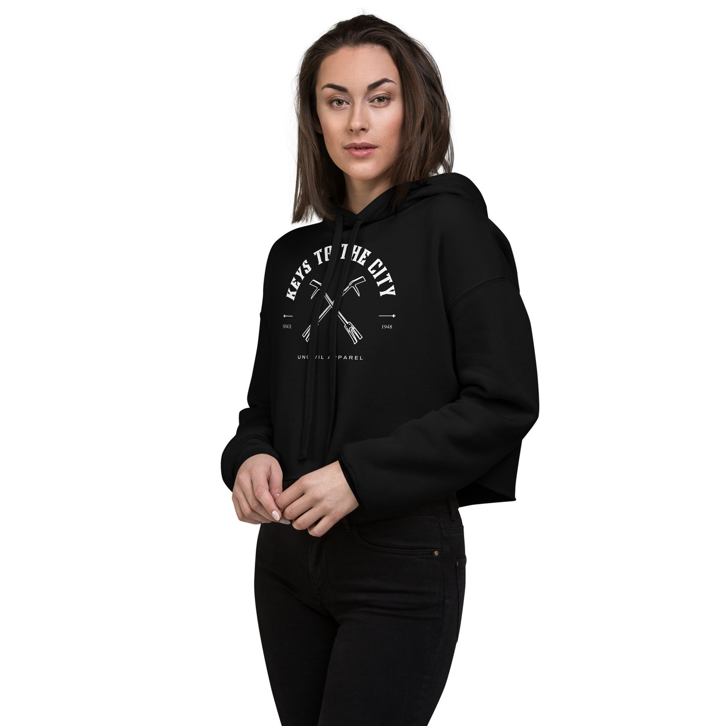 Keys to the City Halligan Firefighter Women's Crop Hoodie, Black sweater.