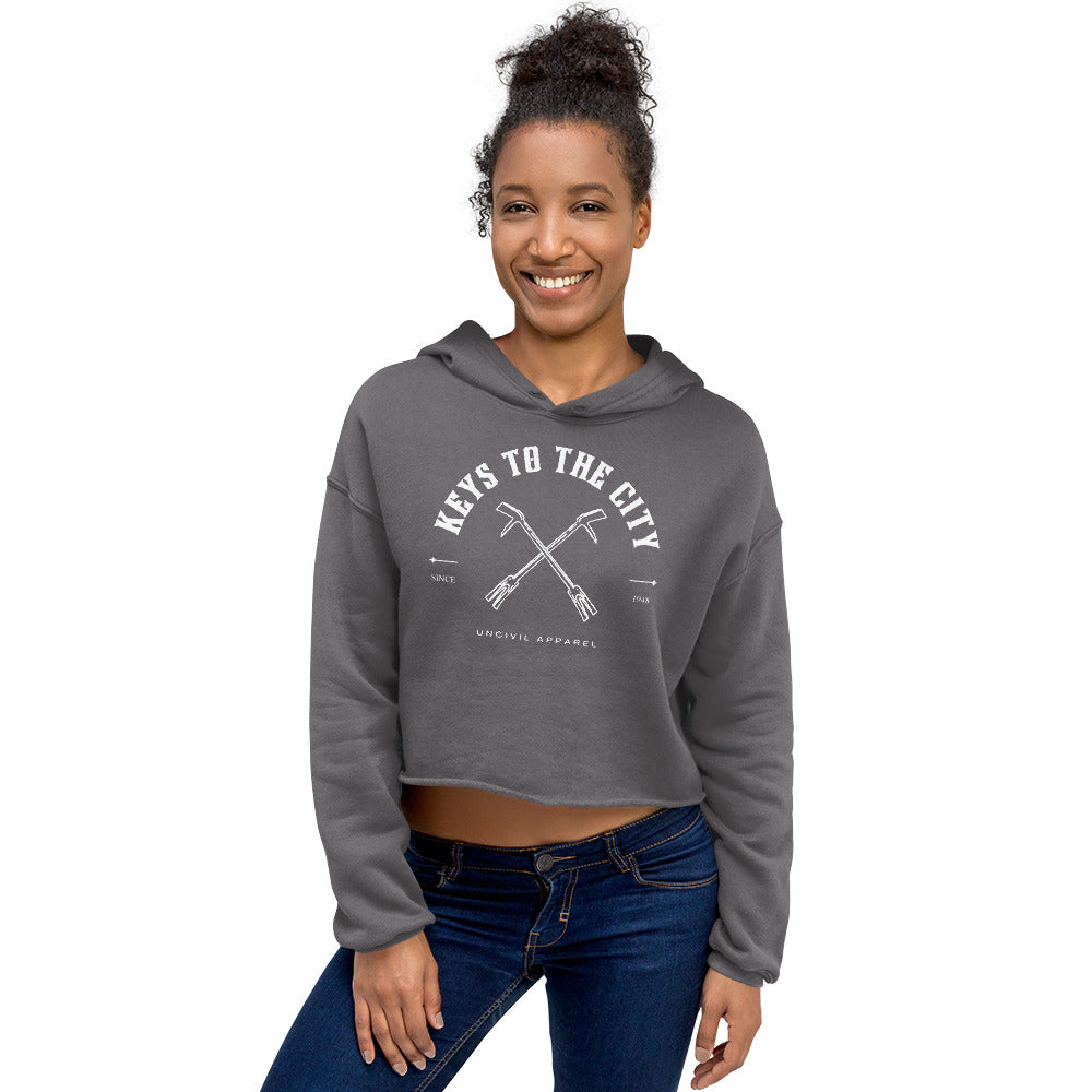 Keys to the City Halligan Firefighter Women's Crop Hoodie, Grey sweater.