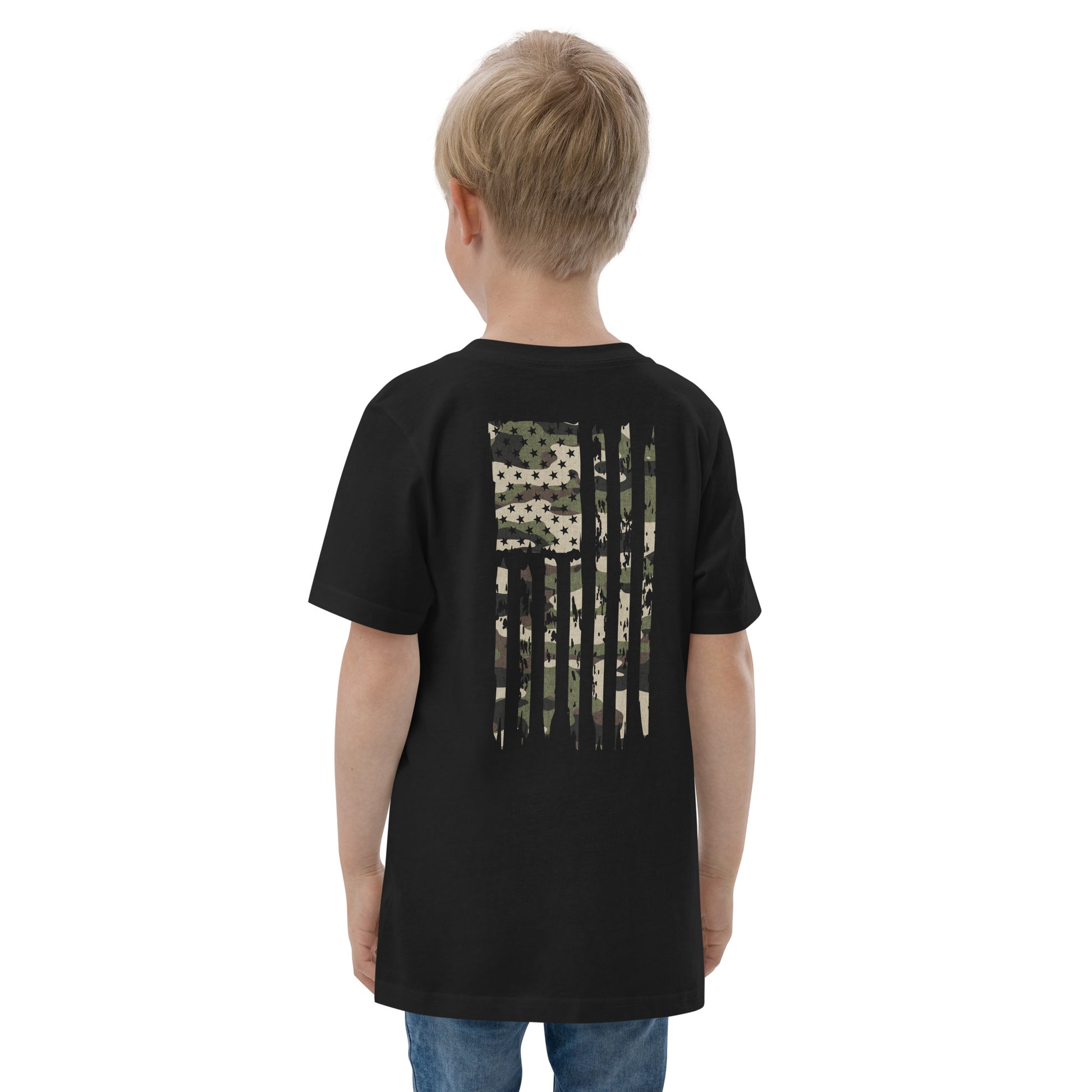 Black Patriotic Kids shirt. Let your young patriots show their love for America with our Youth Camo UNCIVIL Flag Tee featuring an American flag with an army overlay.