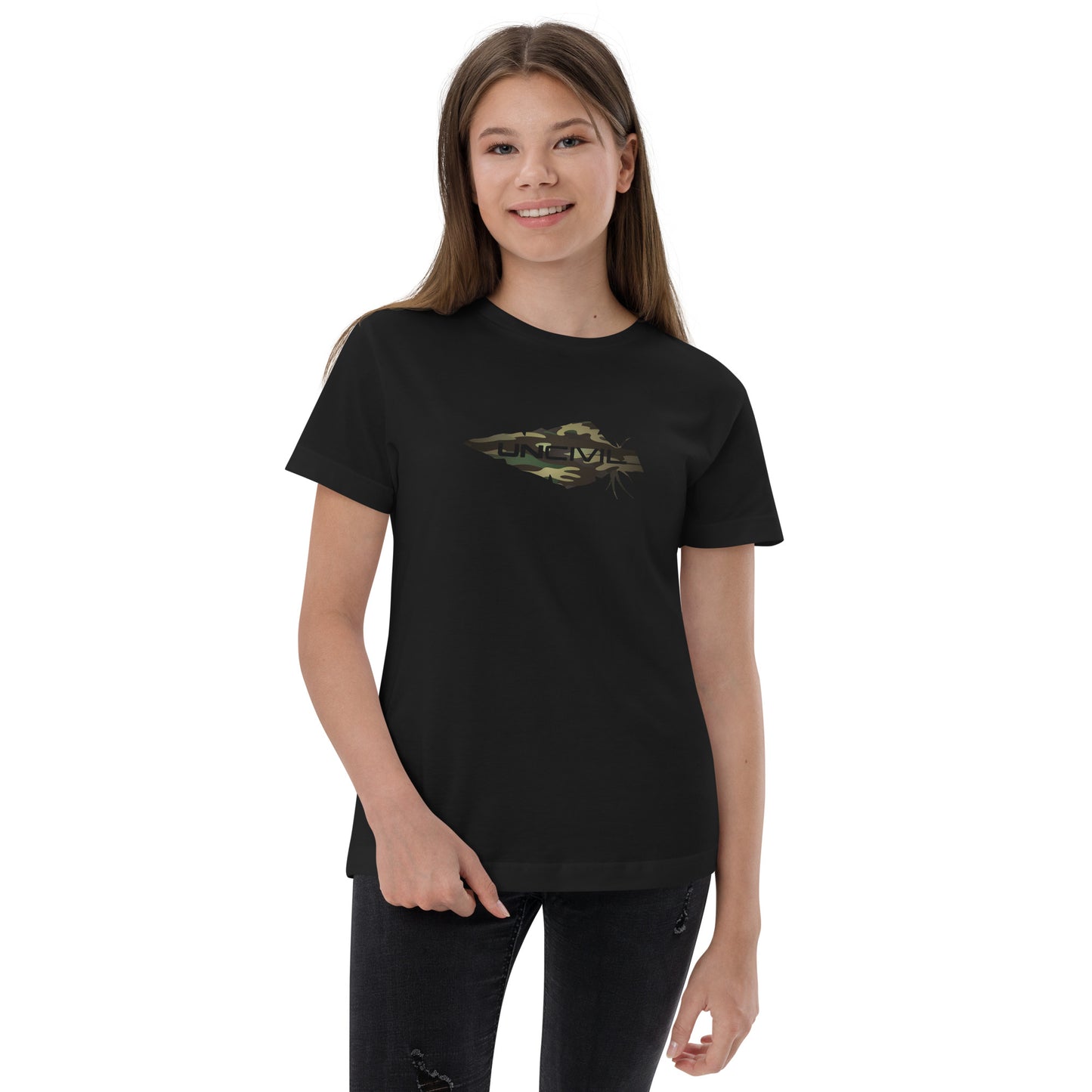 Equip your young patriots with the Youth Camo UNCIVIL Tee, featuring our iconic UNCIVIL logo of a spear in a camouflage print. Featured in white or black shirt.