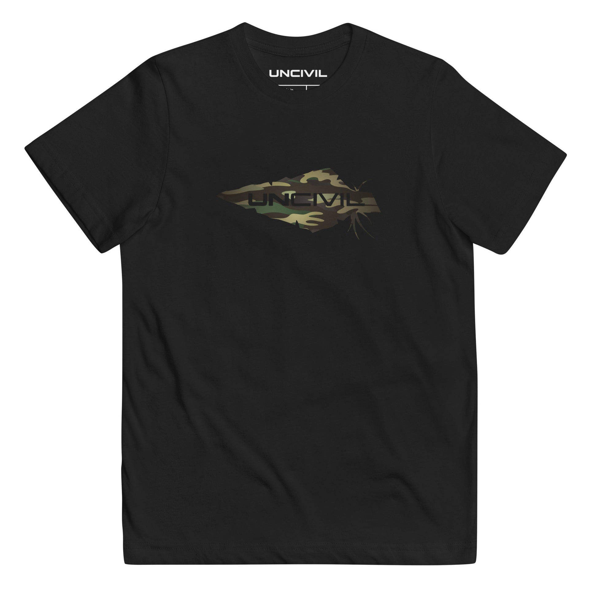 Equip your young patriots with the Youth Camo UNCIVIL Tee, featuring our iconic UNCIVIL logo of a spear in a camouflage print. Featured in white or black shirt.