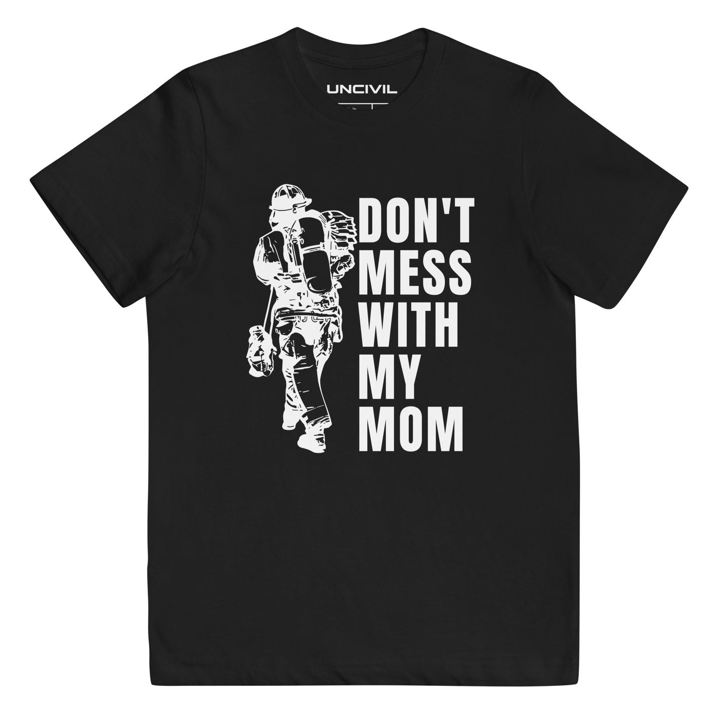 Show your love and support for your firefighter mom with our Don't Mess with my Mom UNCIVIL Tee. This tee features a striking graphic of a firefighter mom.
