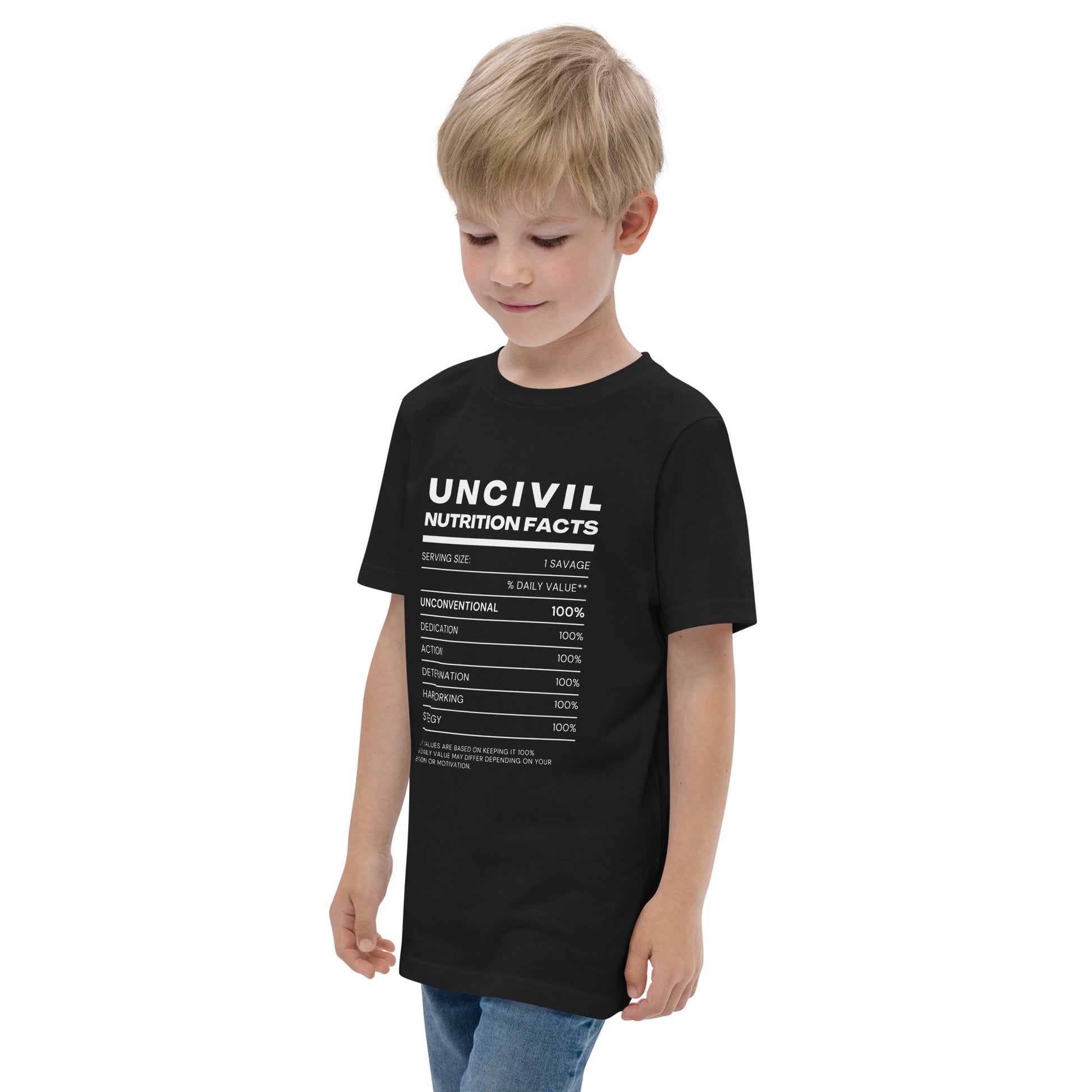 Our UNCIVIL Nutritional facts, Unconventional, dedicated, action, determination, hardworking, & strategy. Featured in black and white, youth shirt.