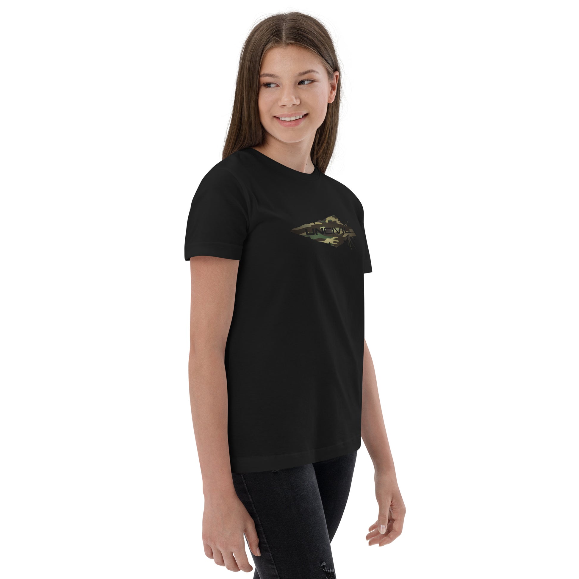 Equip your young patriots with the Youth Camo UNCIVIL Tee, featuring our iconic UNCIVIL logo of a spear in a camouflage print. Featured in white or black shirt.