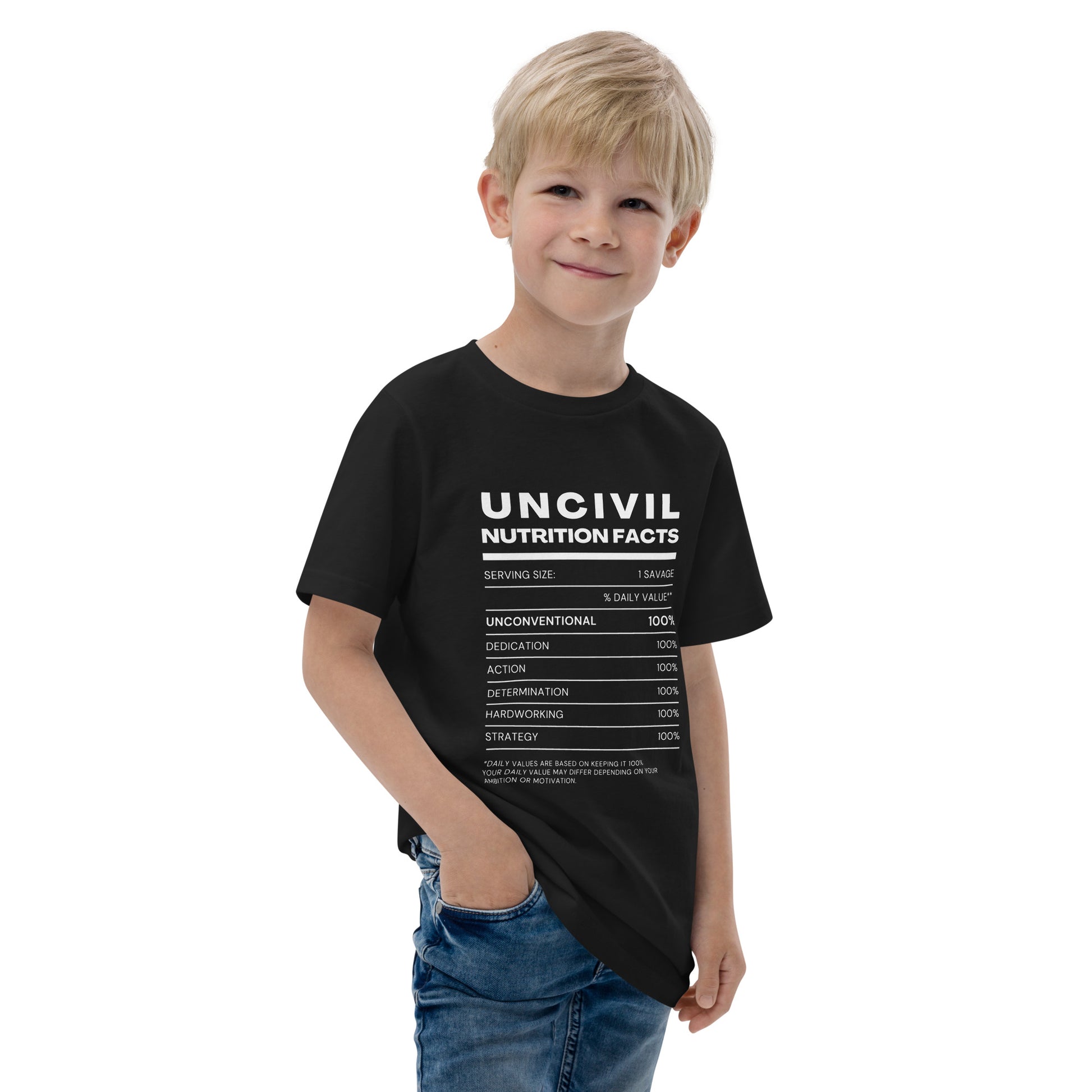 Our UNCIVIL Nutritional facts, Unconventional, dedicated, action, determination, hardworking, & strategy. Featured in black and white, youth shirt.