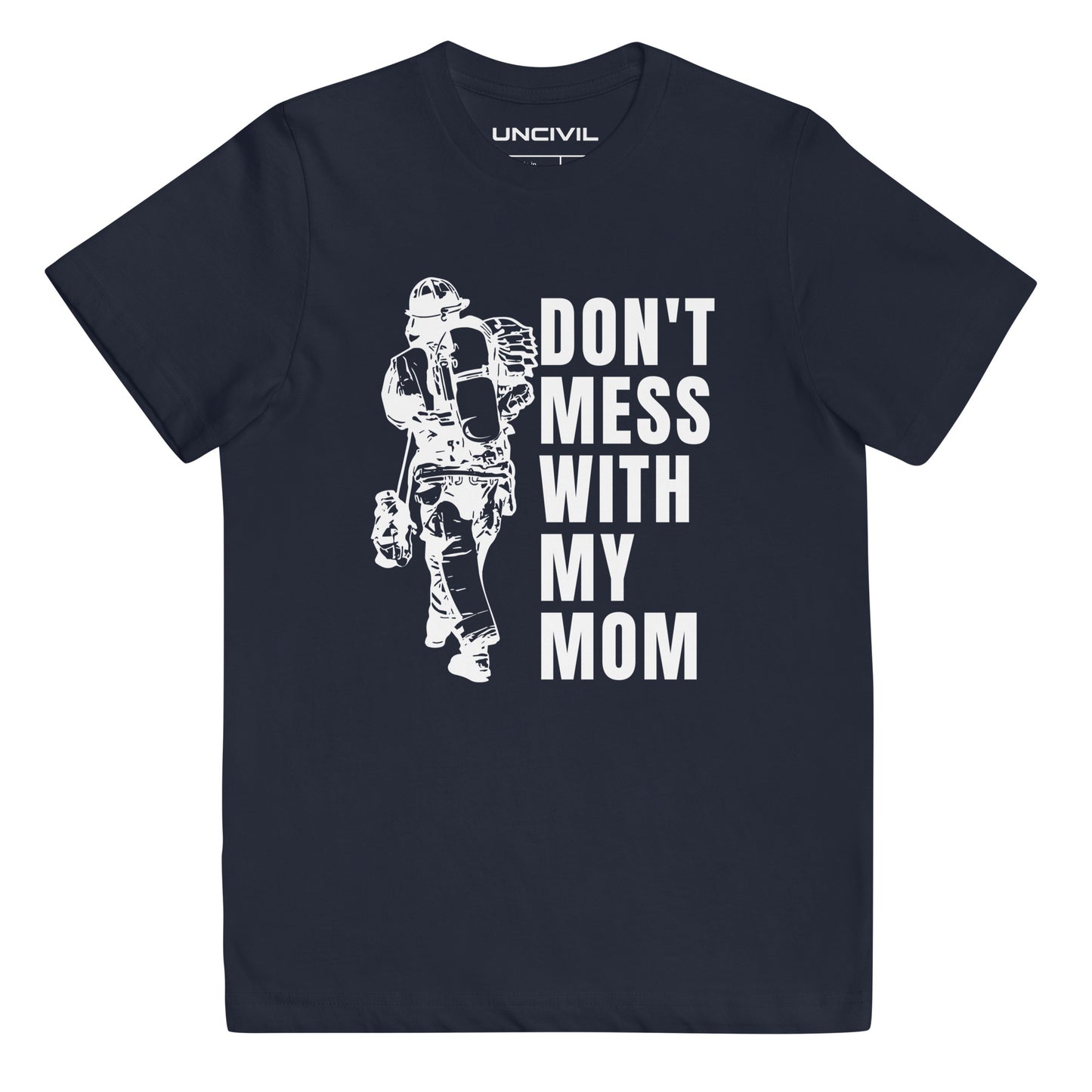 Show your love and support for your firefighter mom with our Don't Mess with my Mom UNCIVIL Tee. This tee features a striking graphic of a firefighter mom.