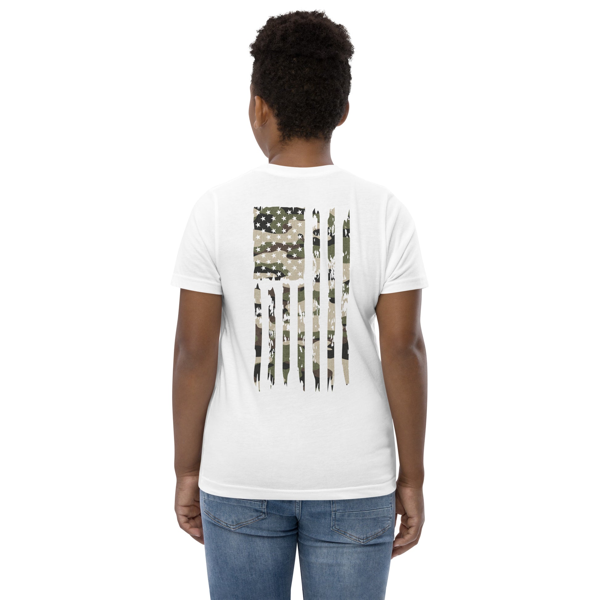 White Patriotic Kids shirt. Let your young patriots show their love for America with our Youth Camo UNCIVIL Flag Tee featuring an American flag with an army overlay.