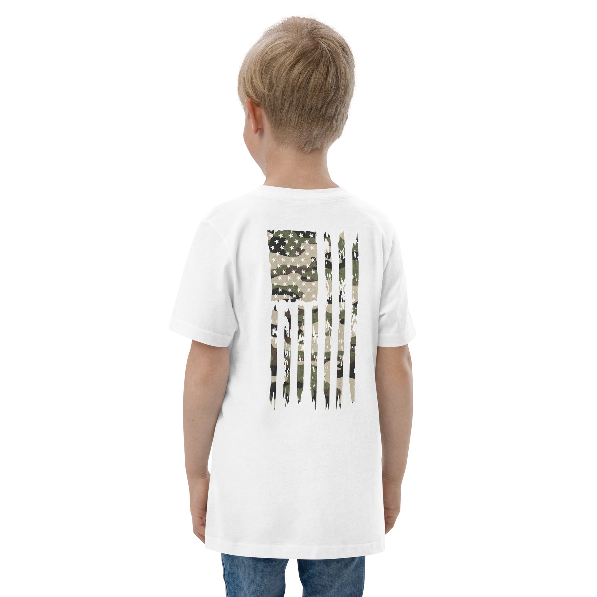White Patriotic Kids shirt. Let your young patriots show their love for America with our Youth Camo UNCIVIL Flag Tee featuring an American flag with an army overlay.