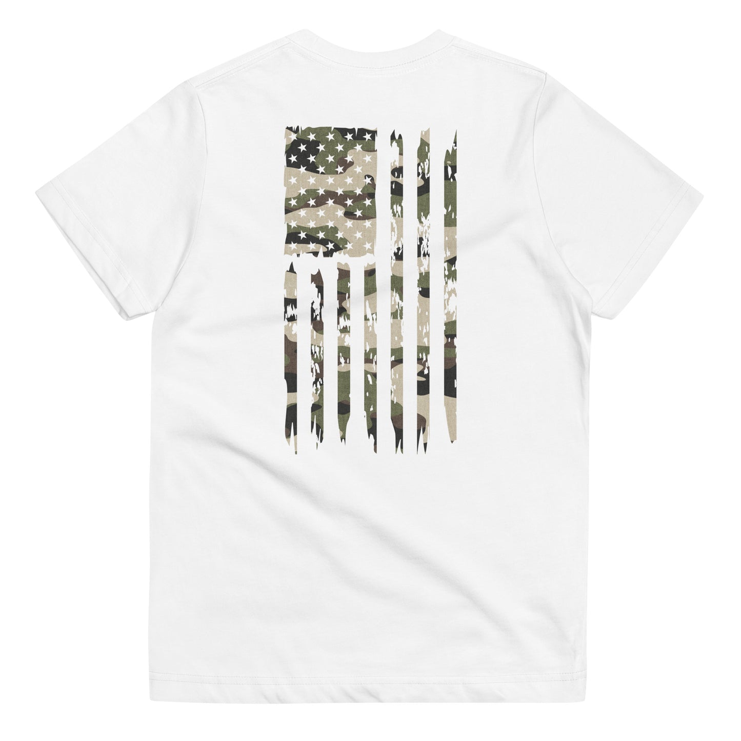 White Patriotic Kids shirt. Let your young patriots show their love for America with our Youth Camo UNCIVIL Flag Tee featuring an American flag with an army overlay.