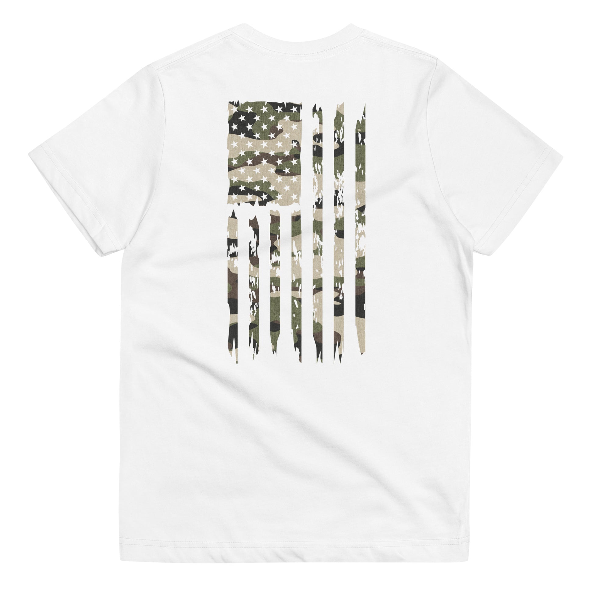 White Patriotic Kids shirt. Let your young patriots show their love for America with our Youth Camo UNCIVIL Flag Tee featuring an American flag with an army overlay.