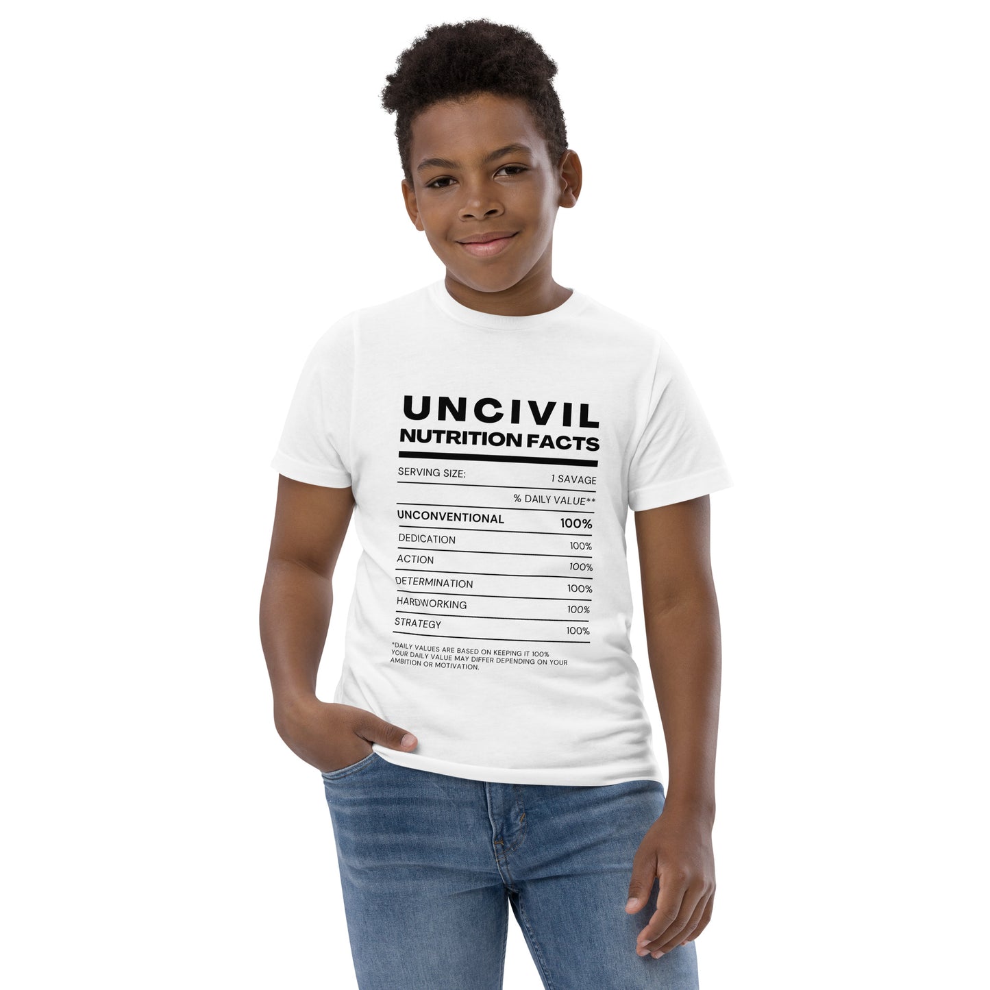 Our UNCIVIL Nutritional facts, Unconventional, dedicated, action, determination, hardworking, & strategy. Featured in black and white, youth shirt.
