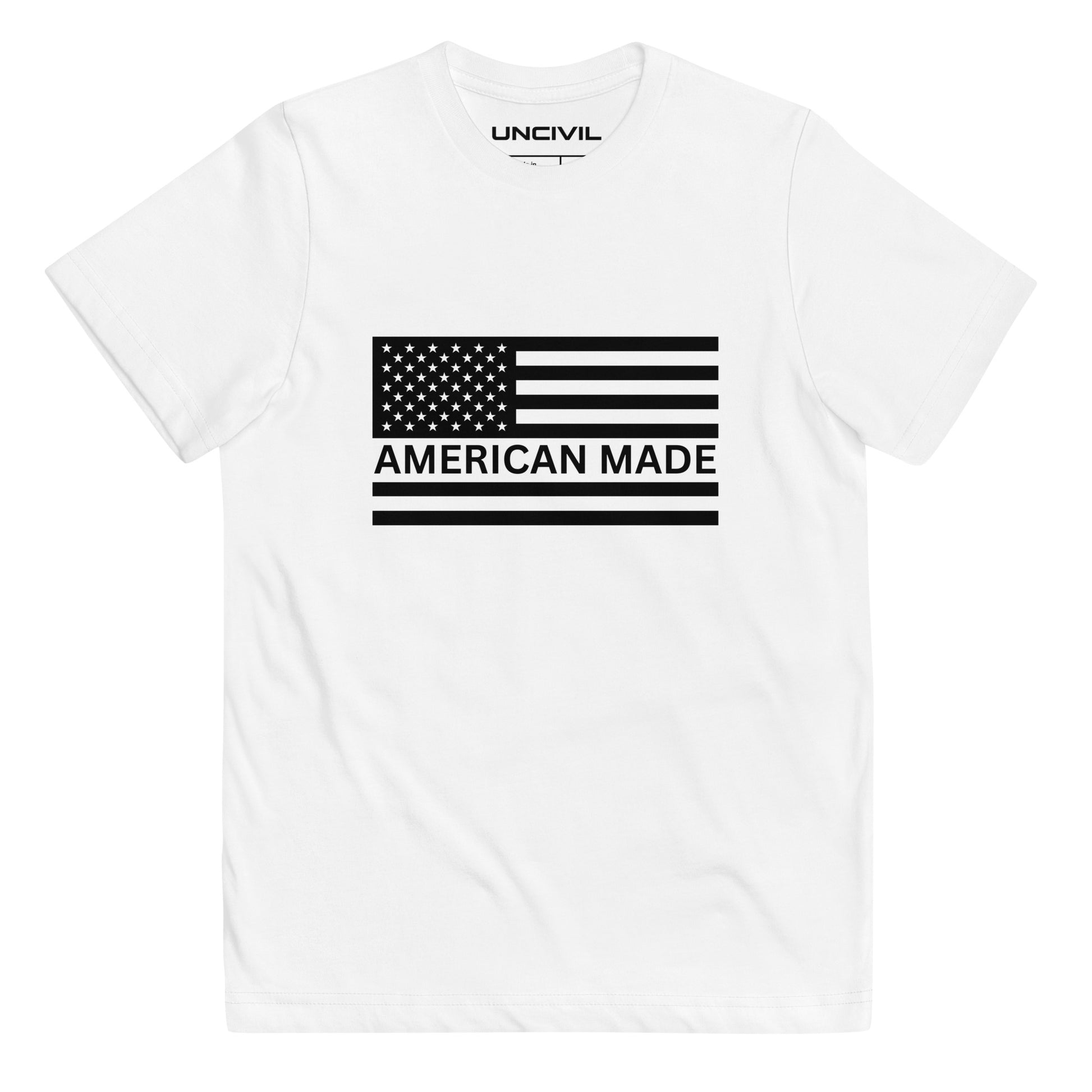 Let your young patriots show their love for America with our American Made Youth UNCIVIL Tee. This tee features a bold American flag graphic that will showcase your child's patriotism and support for American values.