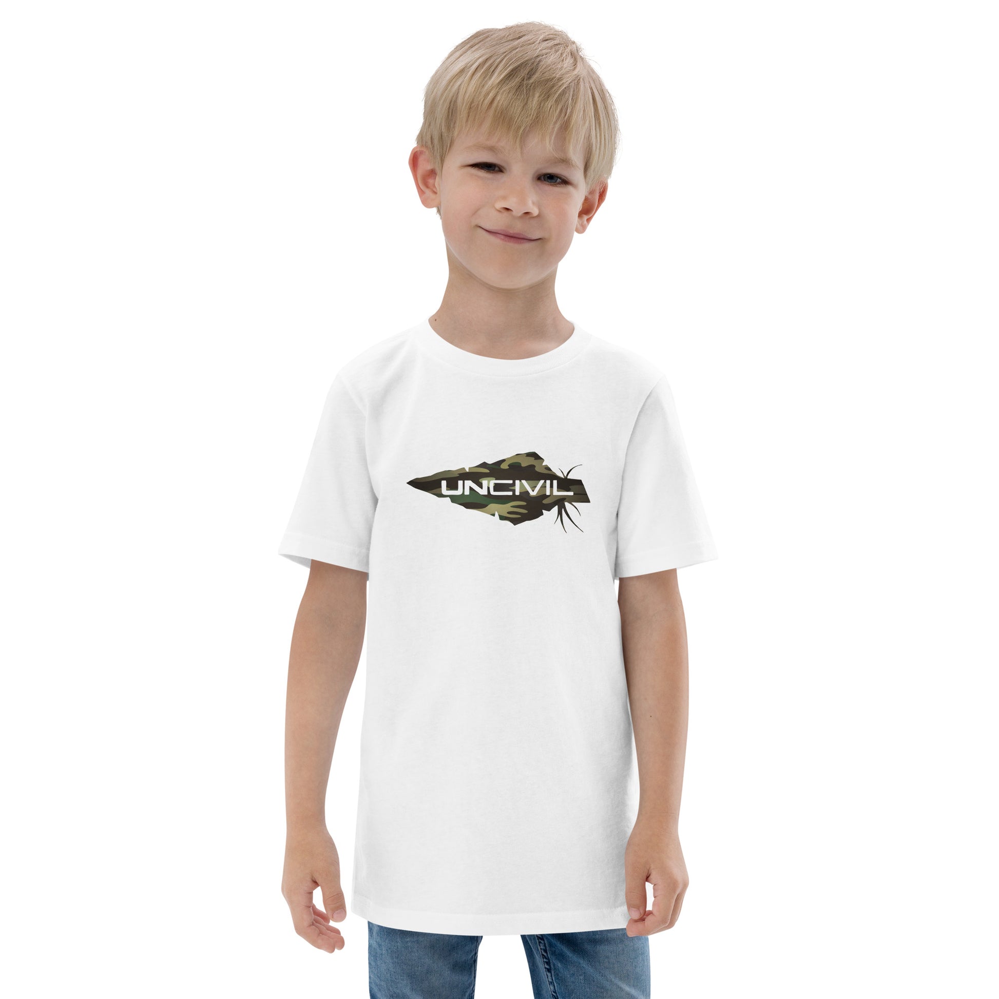 Equip your young patriots with the Youth Camo UNCIVIL Tee, featuring our iconic UNCIVIL logo of a spear in a camouflage print. Featured in white or black shirt.