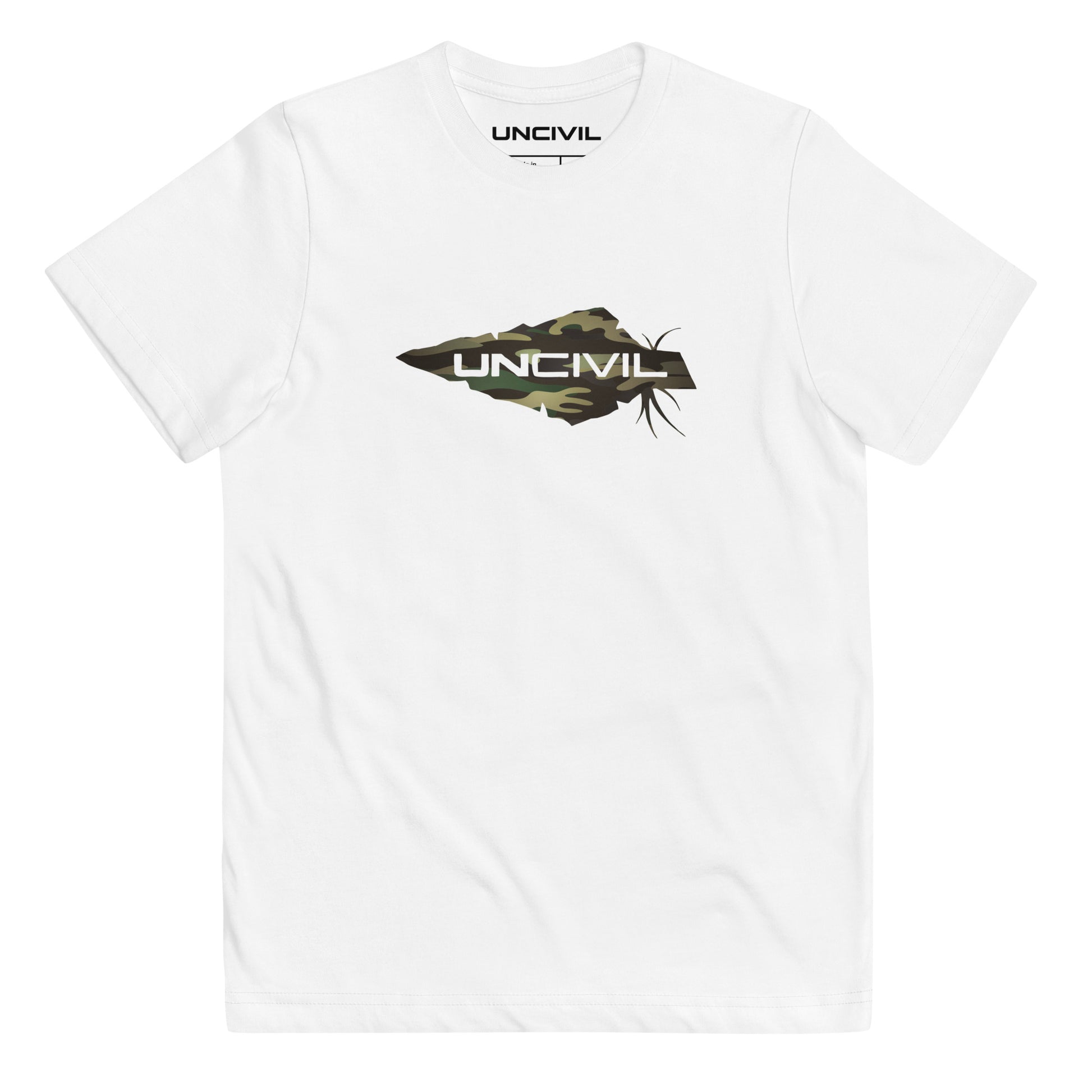 Equip your young patriots with the Youth Camo UNCIVIL Tee, featuring our iconic UNCIVIL logo of a spear in a camouflage print. Featured in white or black shirt.