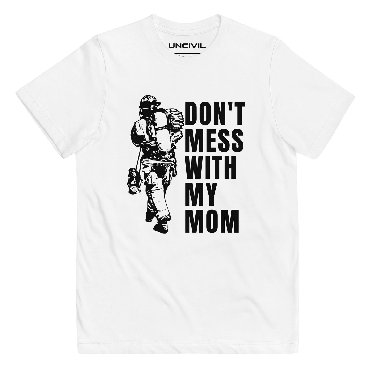 Show your love and support for your firefighter mom with our Don't Mess with my Mom UNCIVIL Tee. This tee features a striking graphic of a firefighter mom.