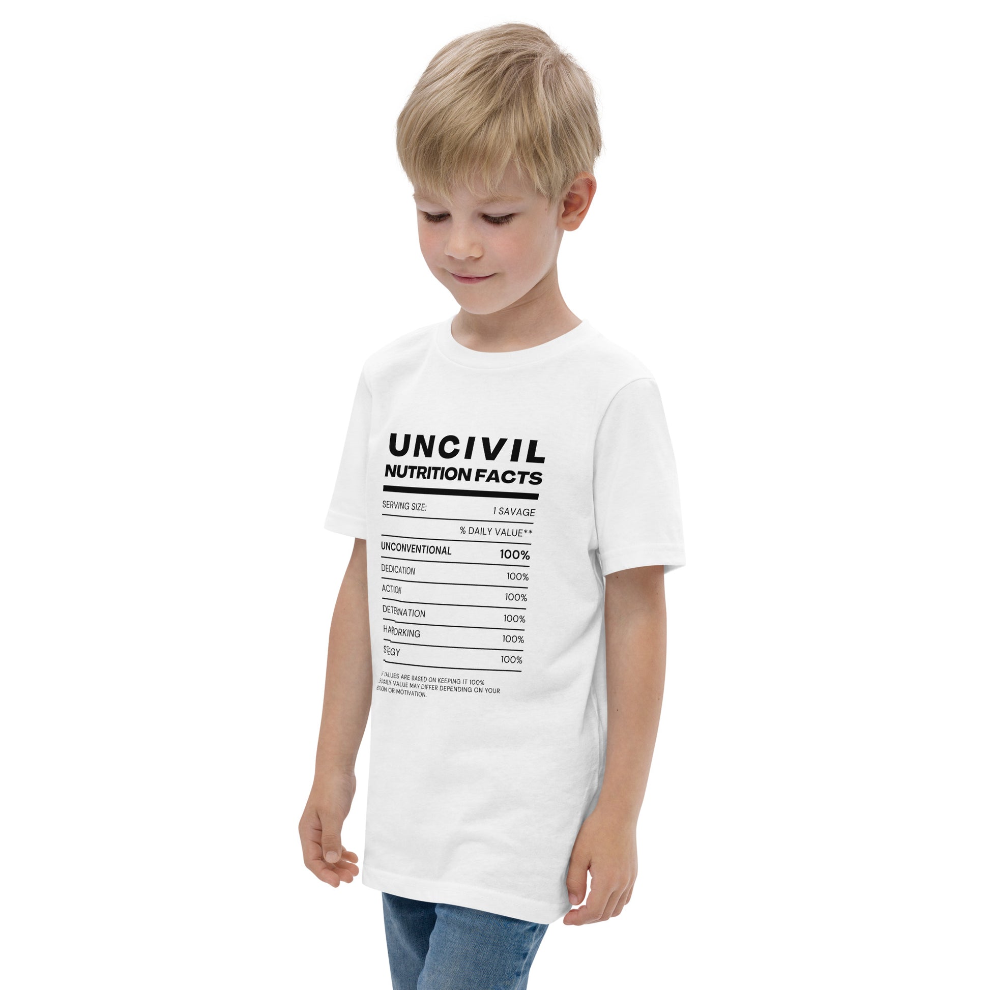 Our UNCIVIL Nutritional facts, Unconventional, dedicated, action, determination, hardworking, & strategy. Featured in black and white, youth shirt.