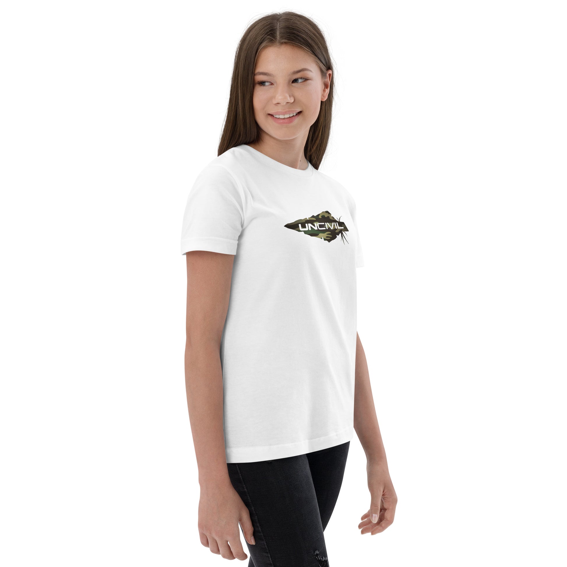 Equip your young patriots with the Youth Camo UNCIVIL Tee, featuring our iconic UNCIVIL logo of a spear in a camouflage print. Featured in white or black shirt.