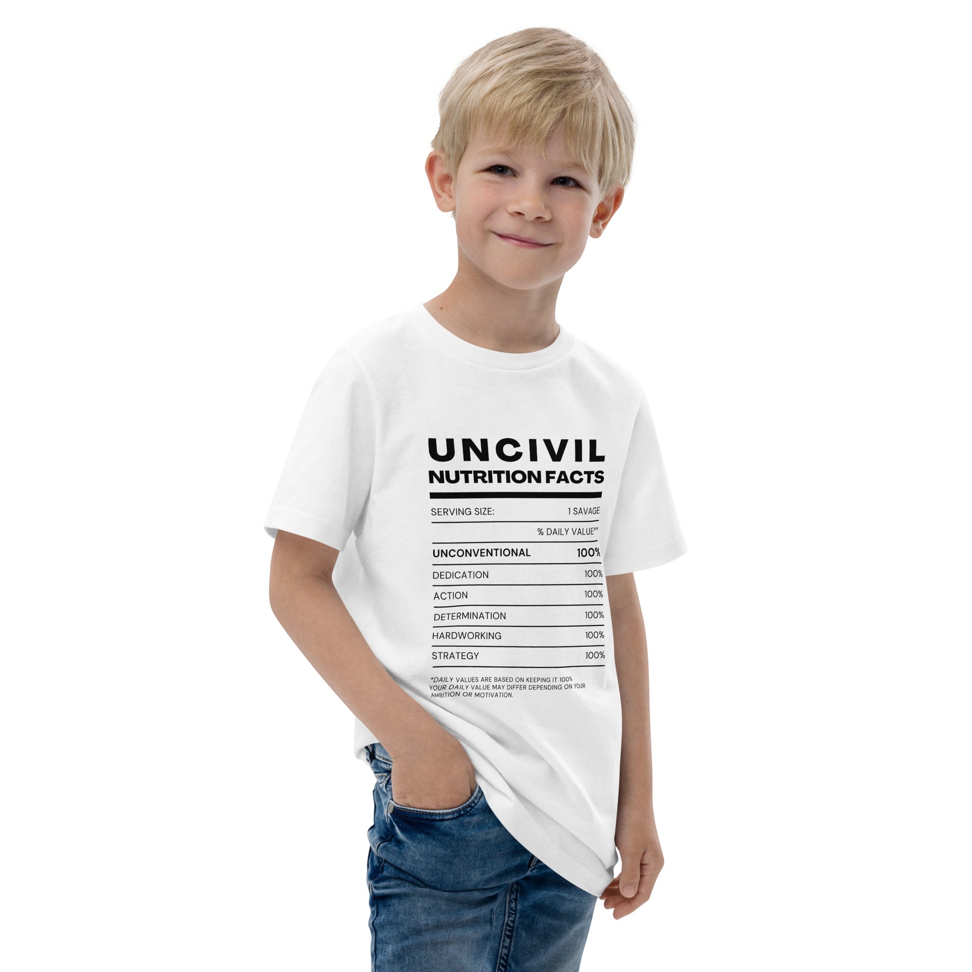 Our UNCIVIL Nutritional facts, Unconventional, dedicated, action, determination, hardworking, & strategy. Featured in black and white, youth shirt.