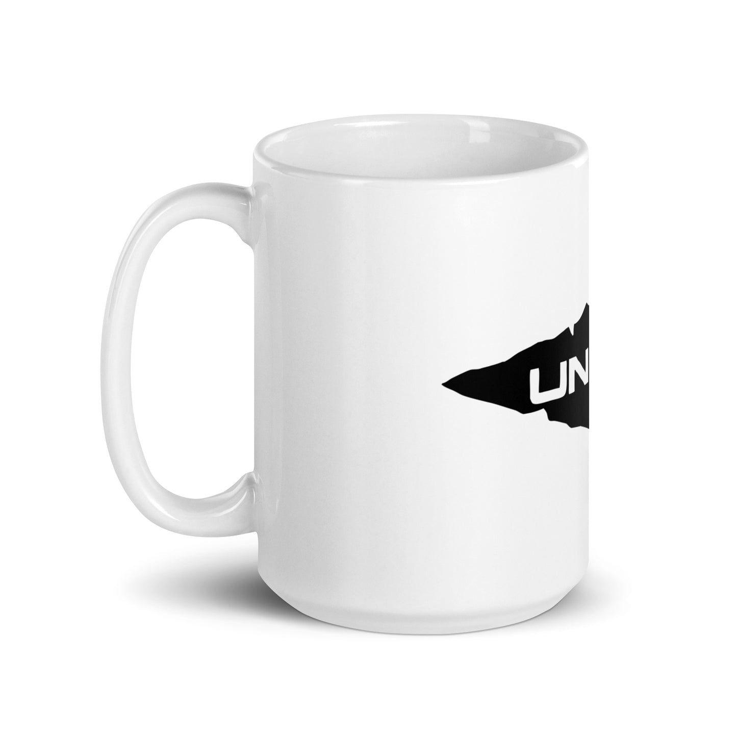 Our glossy white UNCIVIL ceramic 15 oz mug features our black spear UNCIVIL logo.