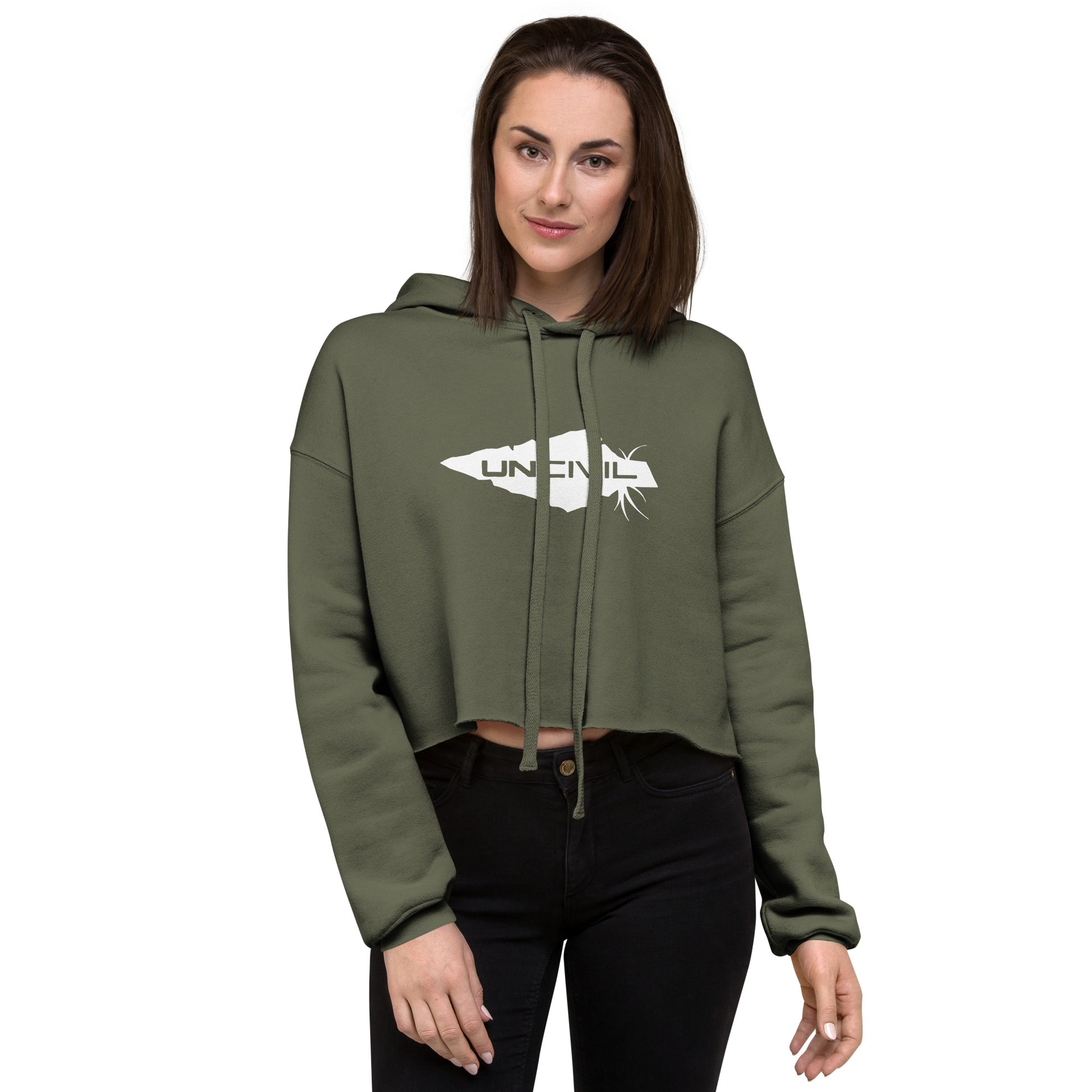 UNCIVIL women's Crop Hoodie is soft and comfy! this crop hoodie features our one and only white spear on Military Green hoodie!