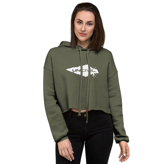 UNCIVIL women's Crop Hoodie is soft and comfy! this crop hoodie features our one and only white spear on Military Green hoodie!