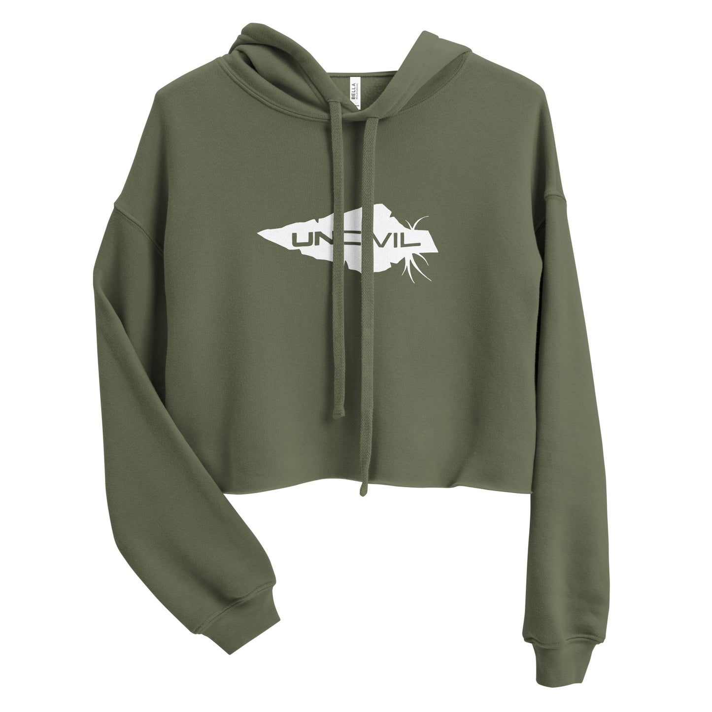 UNCIVIL women's Crop Hoodie is soft and comfy! this crop hoodie features our one and only white spear on Military Green hoodie!