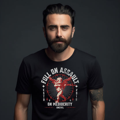 Black Full on Assault on Mediocrity Graphic Unisex T-Shirt with cupid sniper