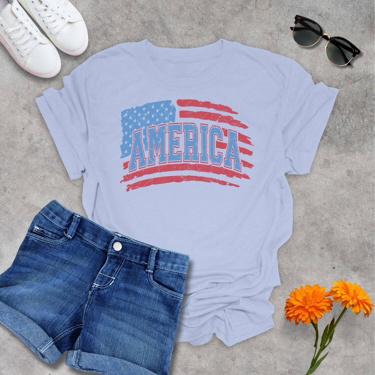 Light Blue America Flag Distressed T-Shirt 