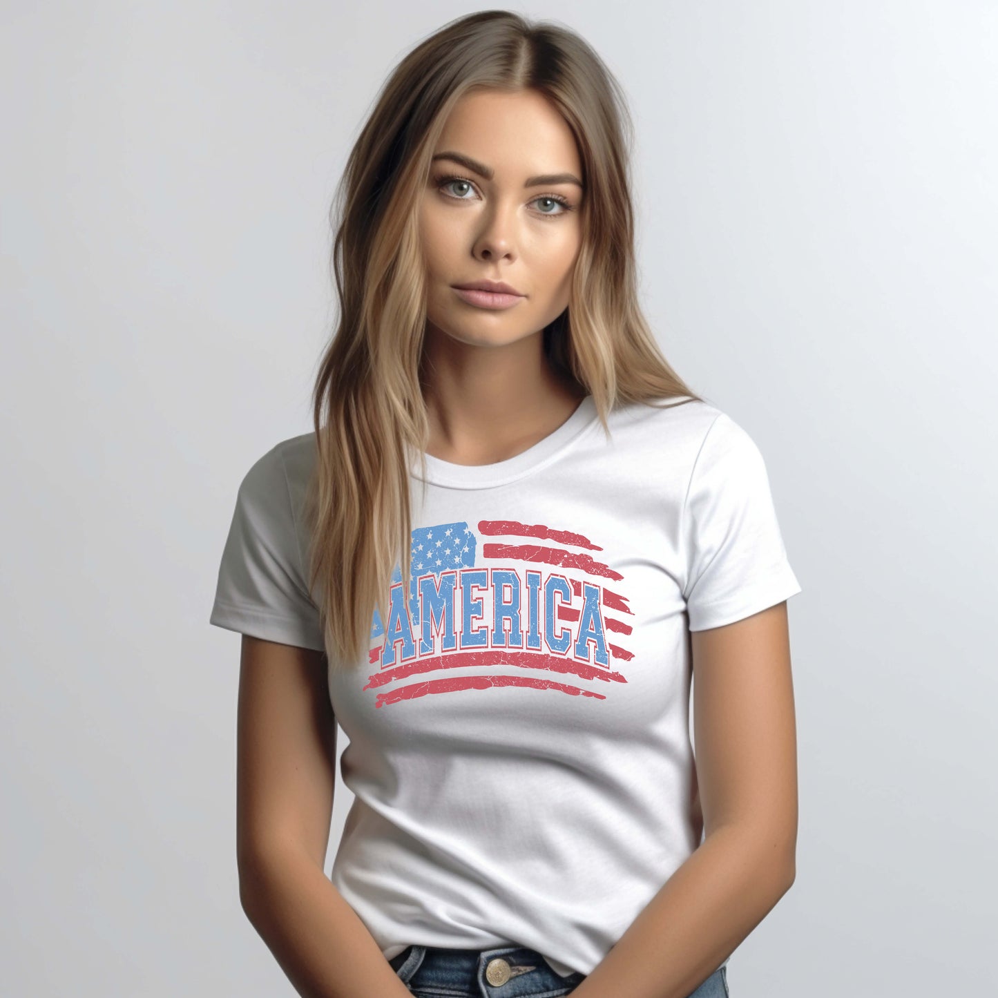 White Women's America Flag Distressed T-Shirt