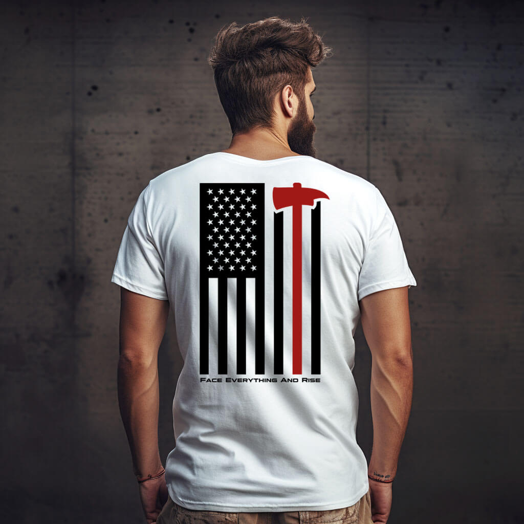 Face Everything & Rise UNCIVIL Firefighter Men's T-shirt with American Flag and Fireman's Axe - White