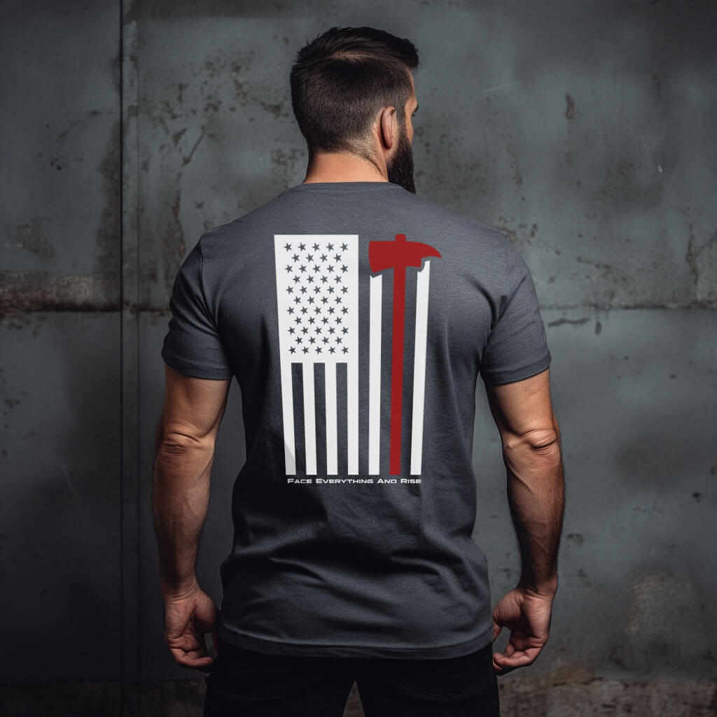 Face Everything & Rise UNCIVIL Firefighter Men's t-shirt with American Flag and Fireman's Axe - Heather Grey