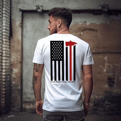 Face Everything & Rise UNCIVIL Firefighter Men's t-shirt with American Flag and Fireman's Axe - White