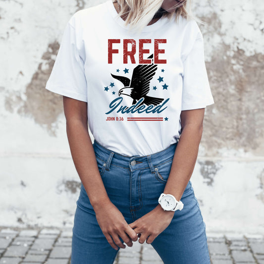 White Free Indeed John 8:36 T-Shirt with Uncivil Spear on Left Sleeve