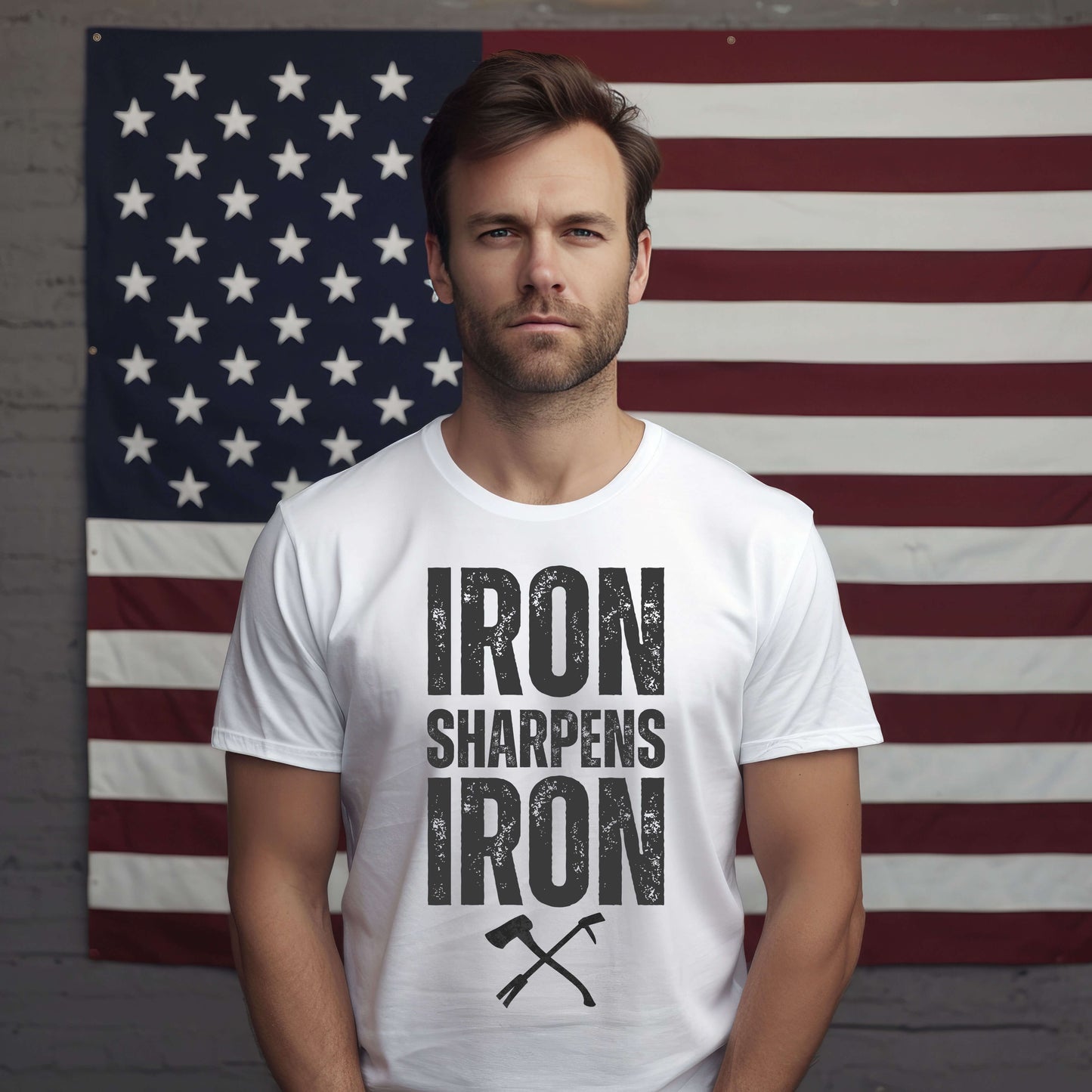 Iron Sharpens Iron Proverbs 27:17 Unisex T-shirt with a set of irons - White T-shirt