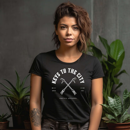 Keys to the City, Halligan Bar Design, Black Women's T-shirt for Firefighters