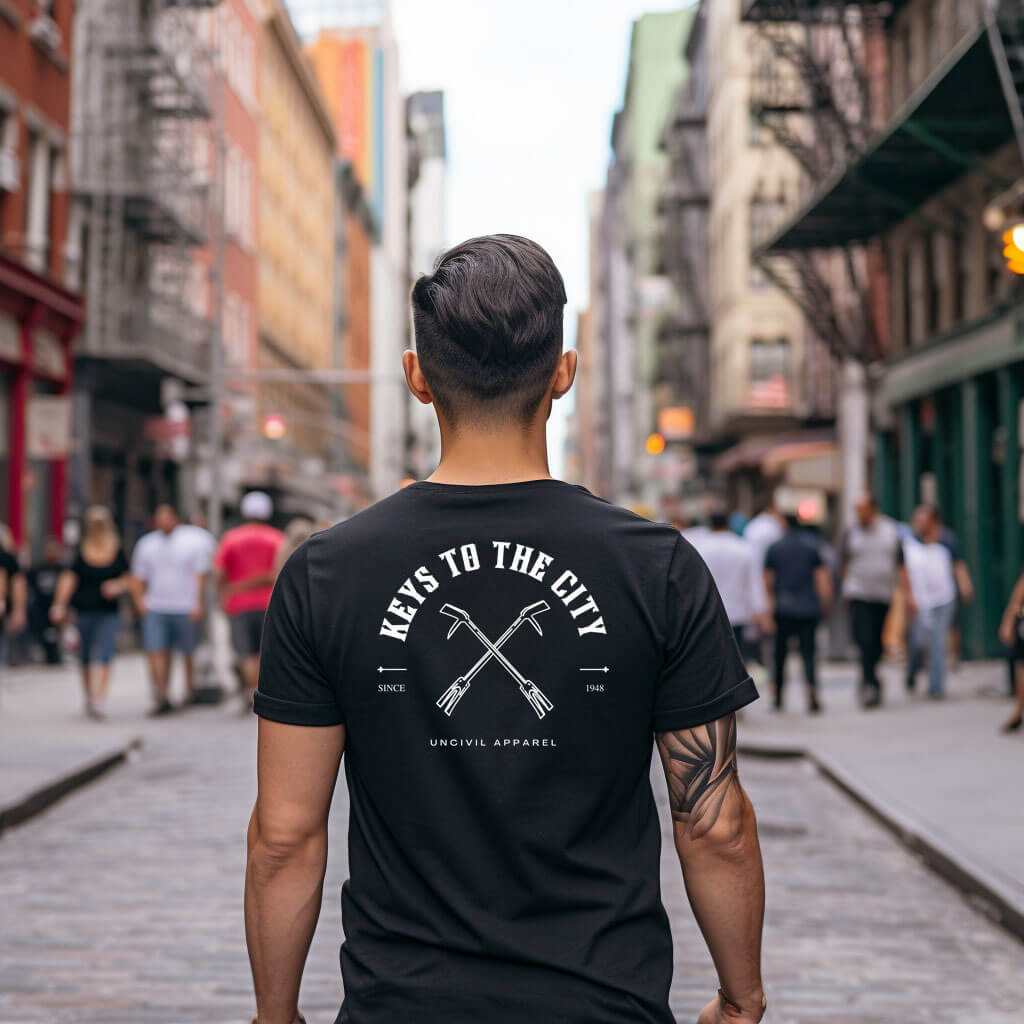 Keys to the City Halligan shirt, black men's t-shirt