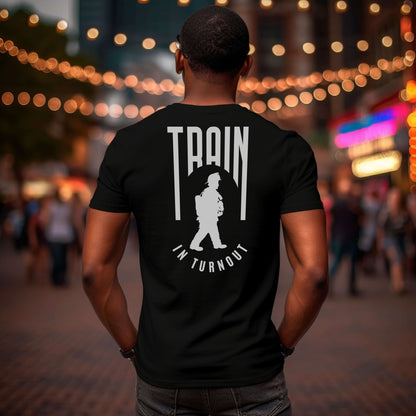 Train in Turnout Firefighter T-shirt, Black Graphic shirt for men.