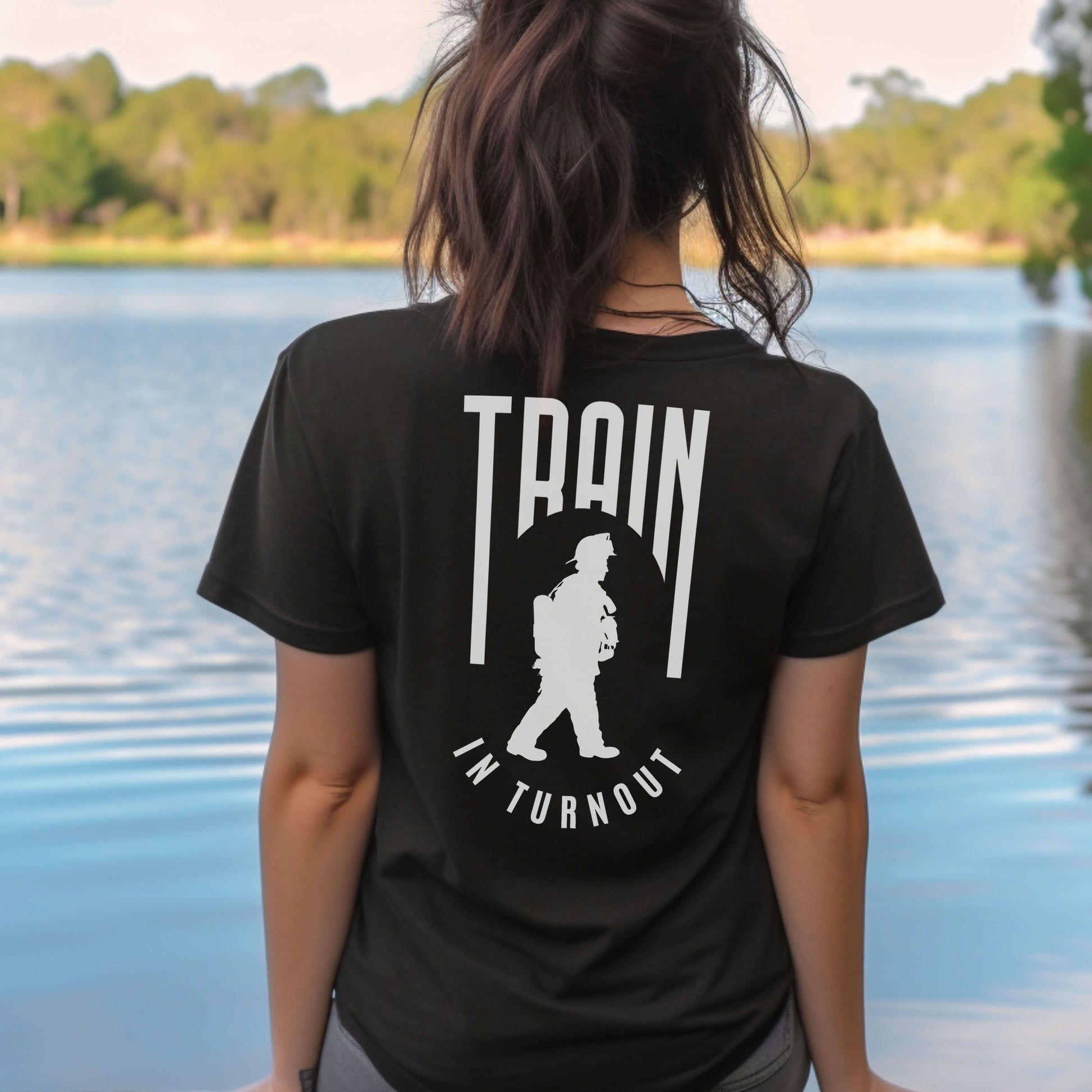 Train in Turnout Firefighter T-shirt, Black Graphic shirt for women.