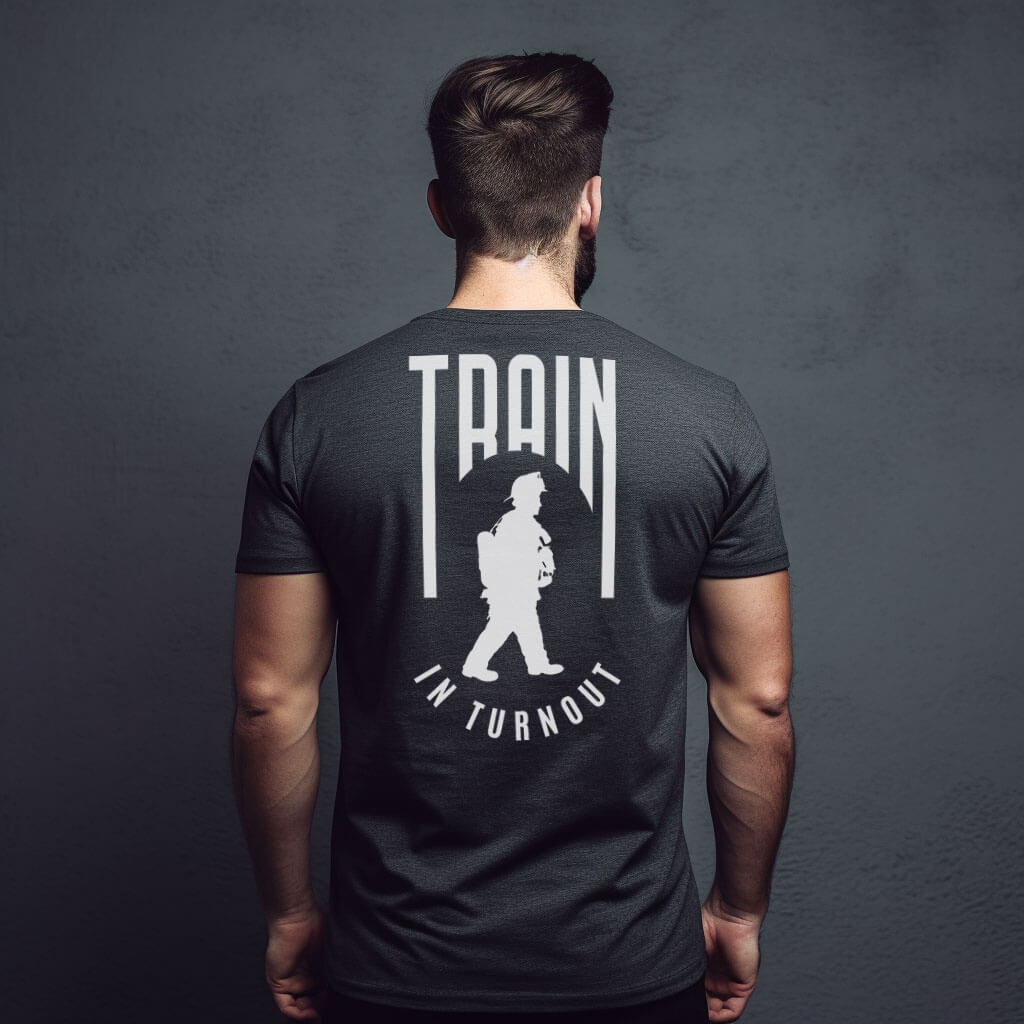 Train in Turnout Firefighter T-shirt, Dark Graphic shirt for men.