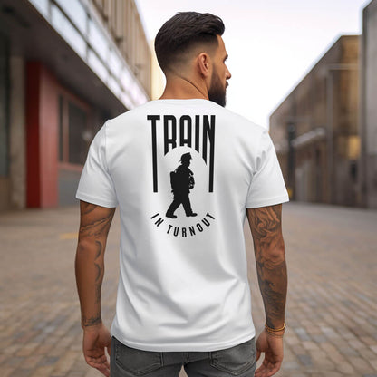 Train in Turnout Firefighter T-shirt, White Graphic shirt for men.