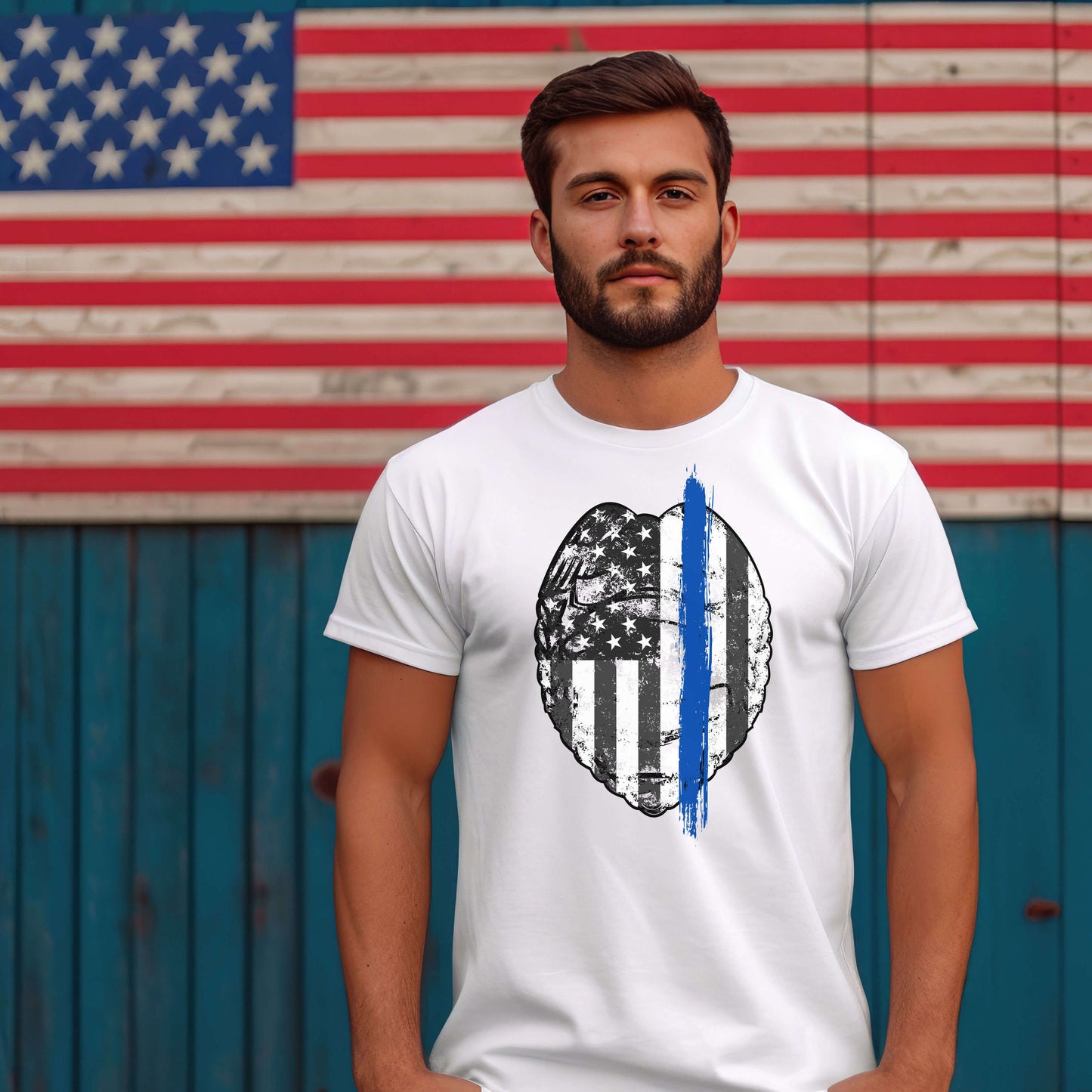 Back the Blue patriotic shirt. Law Enforcement Thin Blue Line t-shirt in white.