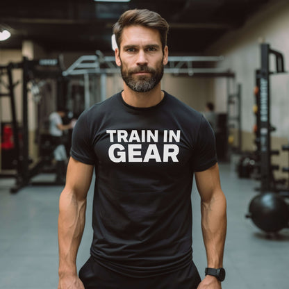 Train in Gear Firefighter shirt. Black Men's t-shirt.