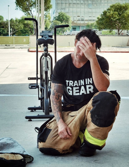 Train in Gear Firefighter shirt. Black Men's t-shirt.