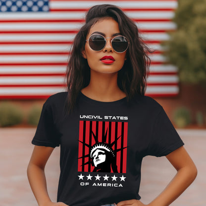 Disrupt the ordinary with our UNCIVIL States of America T-shirt. Black Unisex Shirt featuring the Statue of Liberty. A perfect patriotic tee for people who love America.
