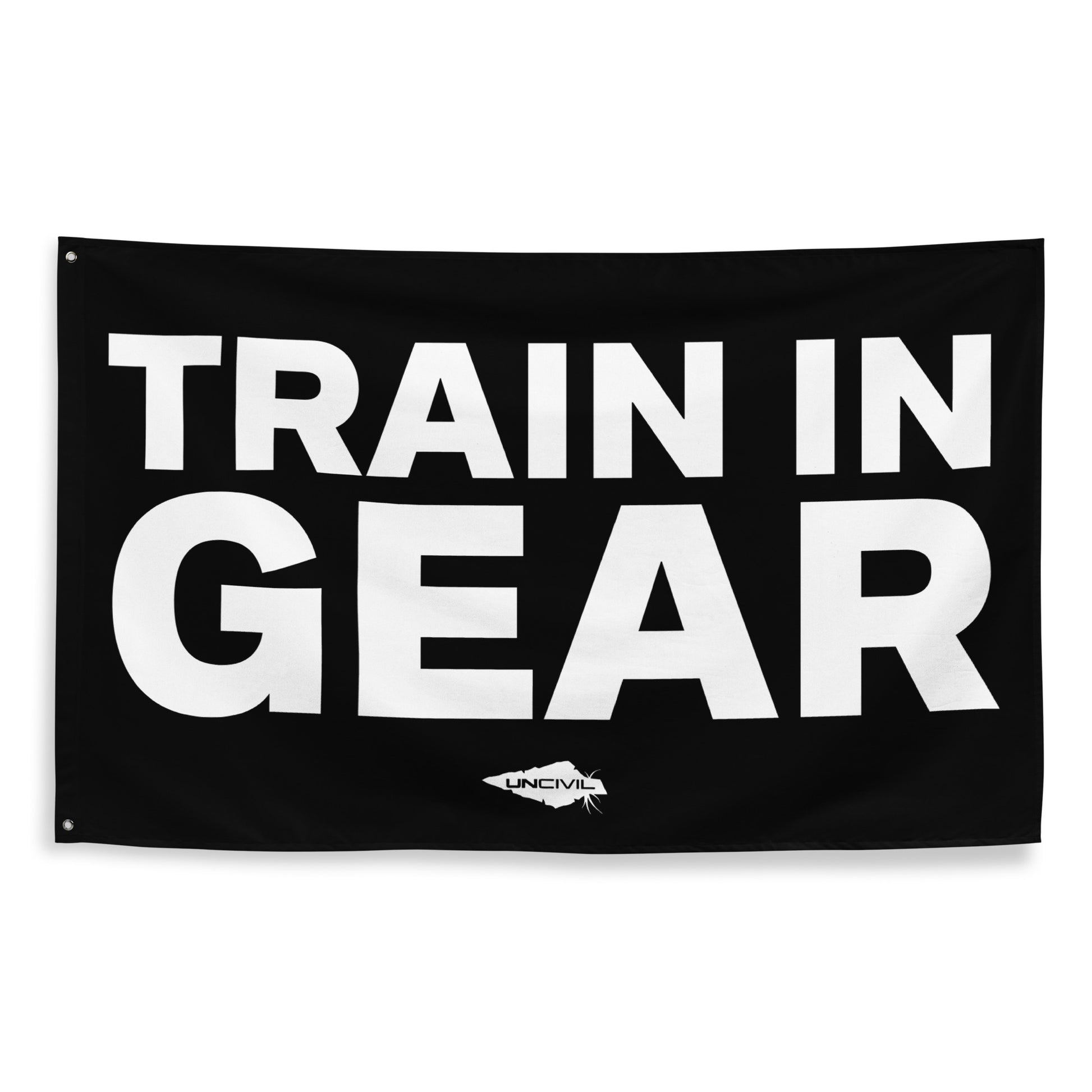 Train in Gear Flag 5x3 flag. Made for Firefighters, military, and first responders. Black and White flag with the UNCIVIL spear. 