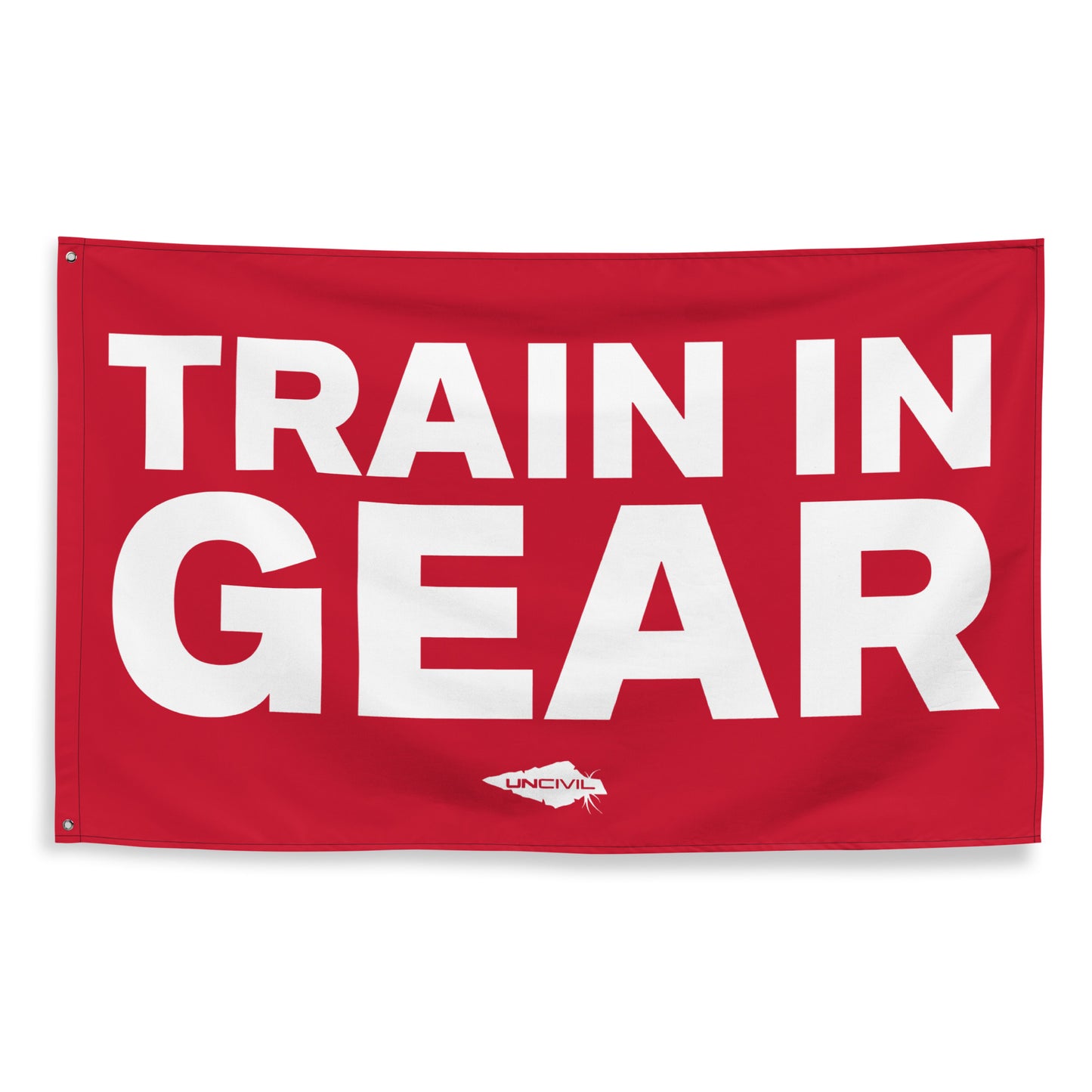 Train in Gear Flag 5x3 flag. Made for Firefighters, military, and first responders. Red and White flag with the UNCIVIL spear.