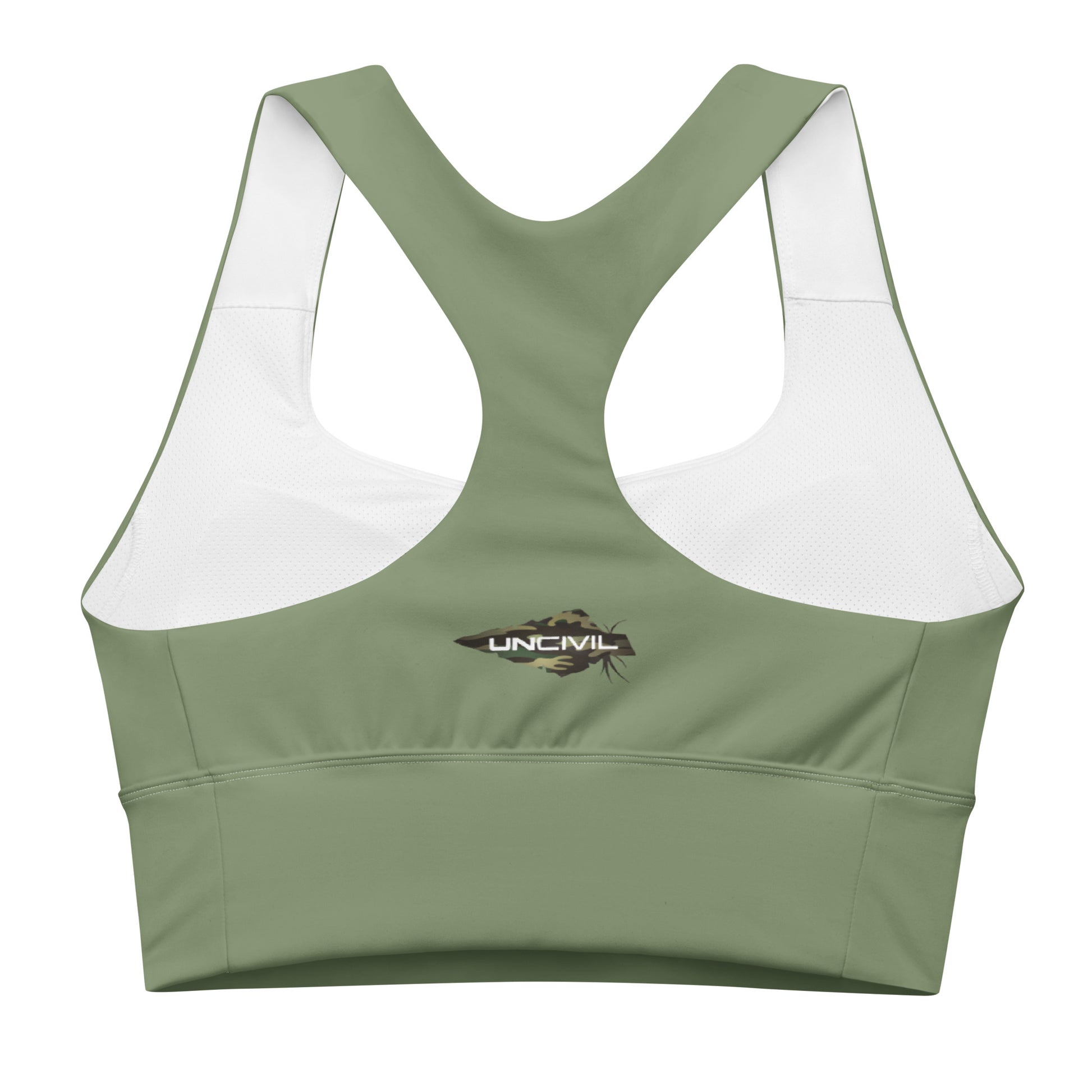 Military Green Longline Camo UNCIVIL women's high impact Sports Bra with army spear.