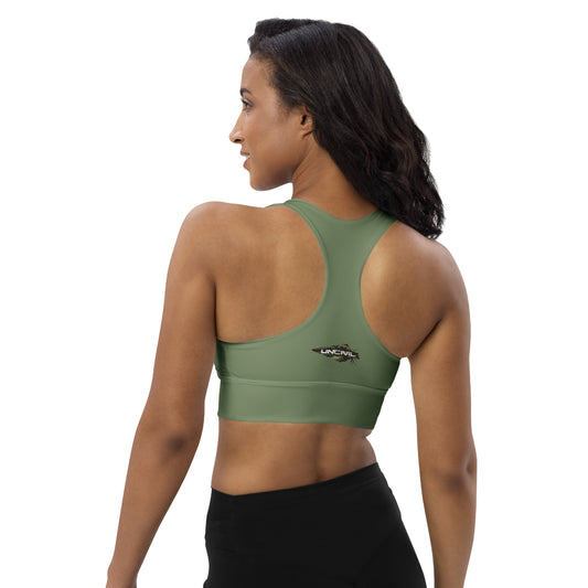 Military Green Longline Camo UNCIVIL women's high impact Sports Bra with army spear.