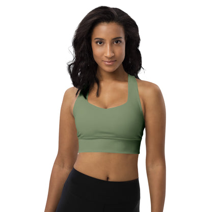 Army Green Longline Camo UNCIVIL women's high impact Sports Bra with army spear.
